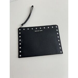 Michael Kors Jet Set Studded Leather Zip Clutch Wristlet Black  (9.5" x 7")